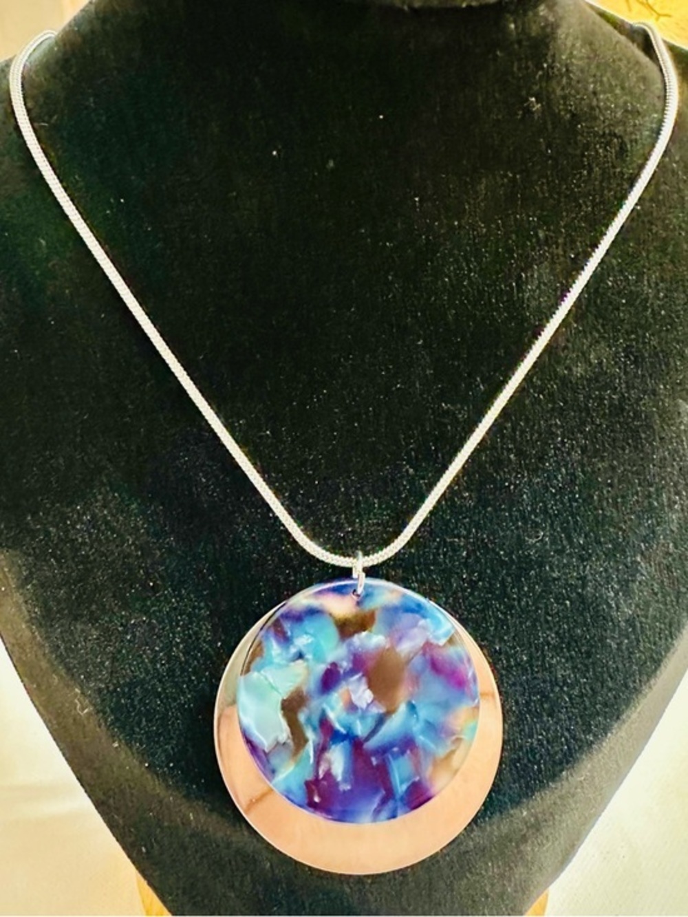 Blue Purple Resin Disc Pendant Necklace